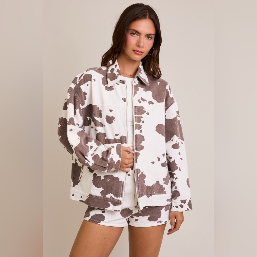 Oversized Denim Cow Print Zipper Utility Jacket - Le Lis